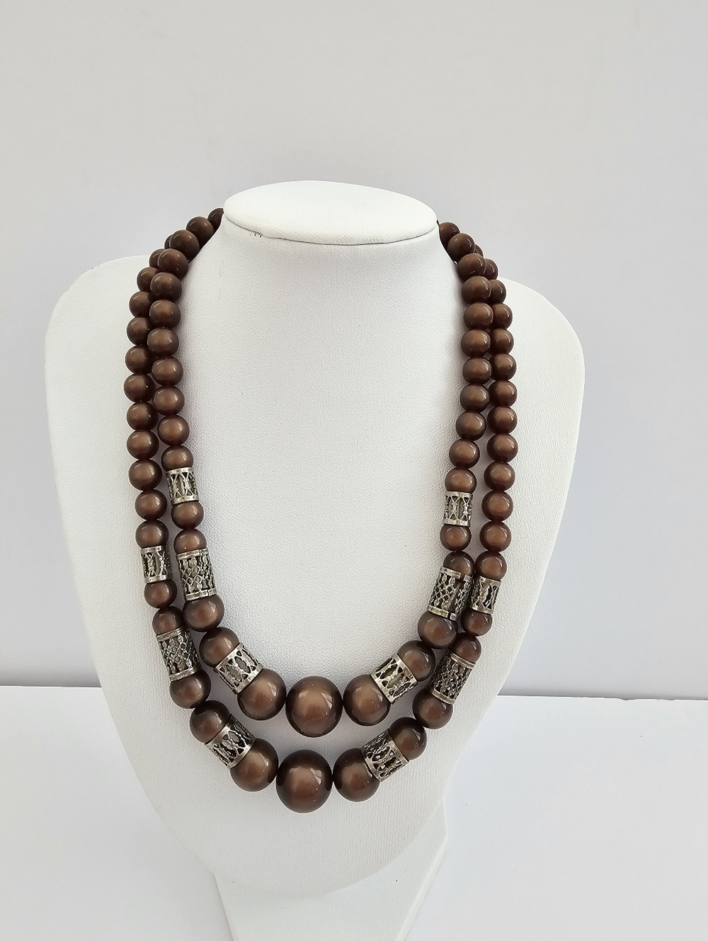 Vintage Mid-Century Double Strand Cat’s Eye & Filigree Statement Necklace